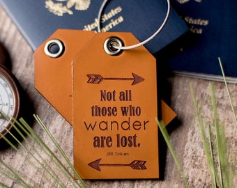 Custom Luggage Tag, Personalized leather luggage tag | Not all those who wander are lost (arrows)