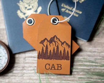 Custom Personalized Leather Luggage Tag | Mountains with Initials