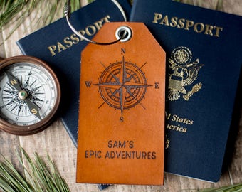 Custom Personalized Leather Luggage Tag | Compass Rose with Custom text