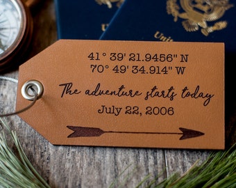 Luggage Tags, Personalized Coordinates Leather Luggage Tags | Adventure Starts today