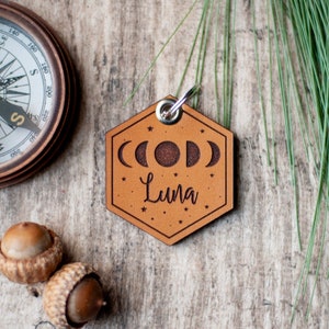 Leather Dog ID Tag, Quiet Dog ID | Moon Phase Dog Tag