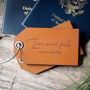 Leather Luggage Tag Personalized, Christian Luggage tag, Custom Travel Gift | Corinthians quote, Love Never Fails