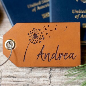 Personalized Leather Luggage Tag, Custom Travel Gift | Dandelion Hearts