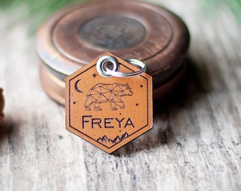 Leather Dog ID Tag, Quiet Dog ID | Hexagon Tag with Bear