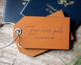 Leather Luggage Tag Personalized, Christian Luggage tag, Custom Travel Gift | Corinthians quote, Love Never Fails