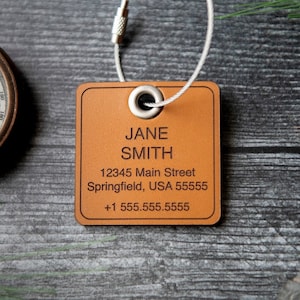 Personalized Leather Luggage Tag, Custom Travel Gift | Square luggage tag with contact info