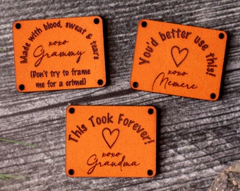 Funny Knit Labels, Leather Tags for Knitting, Quilting, Crochet & Crafts | Funny Handmade By Tags