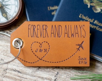 Custom Personalized Leather Luggage Tags | Forever & Always with Plane