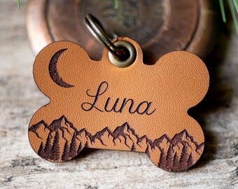 Leather Dog ID Tag | Dog Bone ID Tag | Mountains and Moon