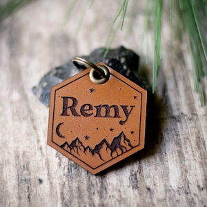 Leather Dog ID Tag, Quiet Dog ID | Hexagon Tag with Mountains & Moon