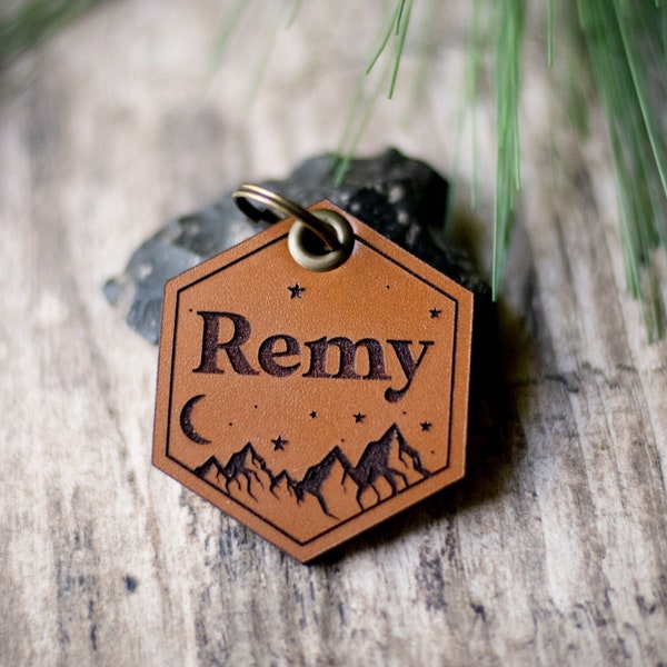 Leather Dog ID Tag, Quiet Dog ID | Hexagon Tag with Mountains & Moon