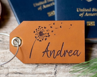 Personalized Leather Luggage Tag, Custom Travel Gift | Dandelion Hearts