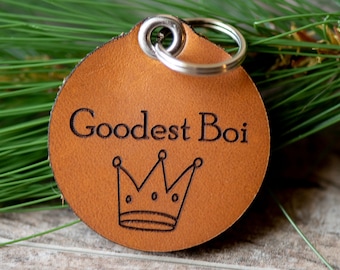 Leather Dog ID Tag, Silent Dog ID Tag | Goodest Boi with Crown