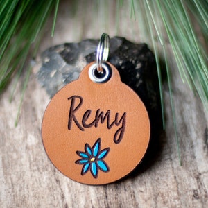 Leather Dog Tag, Quiet Dog ID | Hand Painted Blue Flower