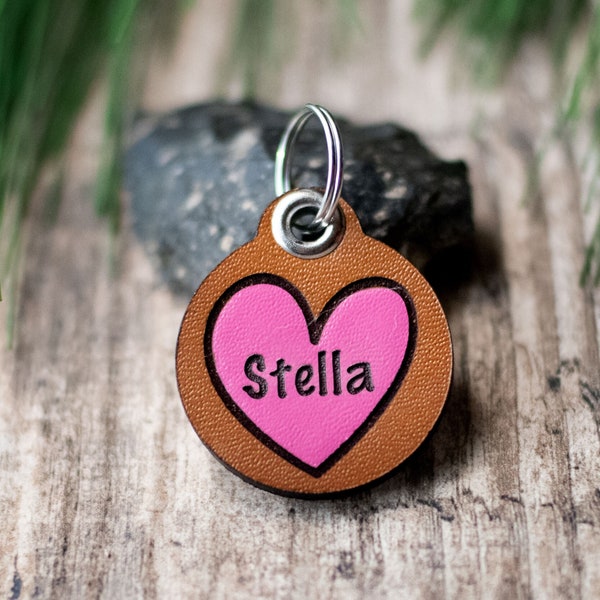 Leather Dog Tag, Quiet Dog ID | Hand Painted Heart With Name