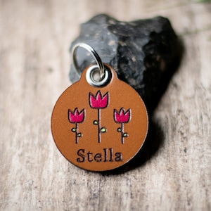 Leather Dog Tag, Quiet Dog ID | Hand Painted Tulips