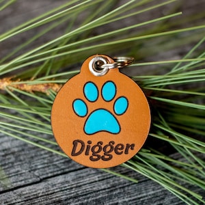 Leather Dog Tag, Quiet Dog ID | Hand Painted Paw Print With Name