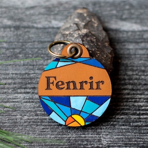 Hand Painted Leather Dog Tag: Stained Glass Sunset, Silent Pet ID