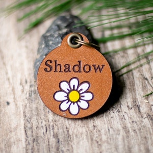Leather Dog Tag, Quiet Dog ID | Hand Painted Daisy