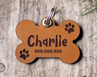 Leather Dog ID Tag | Dog Bone ID Tag with Paw Prints