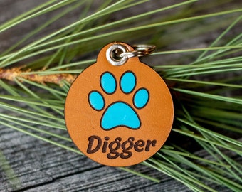 Leather Dog Tag, Quiet Dog ID | Hand Painted Paw Print With Name