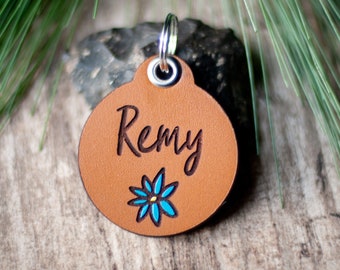 Leather Dog Tag, Quiet Dog ID | Hand Painted Blue Flower