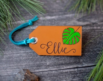 Personalized Monstera Leaf Luggage, Hand Painted Leather Luggage Tag | Monstera boho Luggage Tag