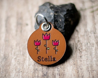Leather Dog Tag, Quiet Dog ID | Hand Painted Tulips