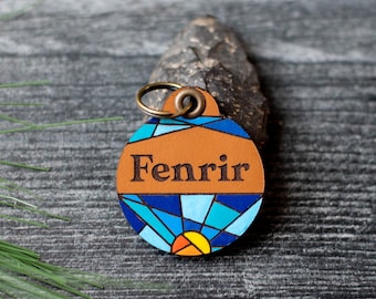 Leather Dog Tag, Silent Dog ID Tag | Hand Painted Stained Glass Sunset