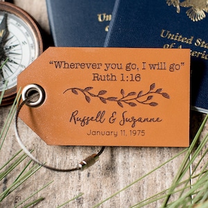 Personalized Leather Luggage Tag, Christian Luggage tag, Custom Travel Gift | Wherever you go I will go