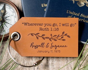 Personalized Leather Luggage Tag, Christian Luggage tag, Custom Travel Gift | Wherever you go I will go