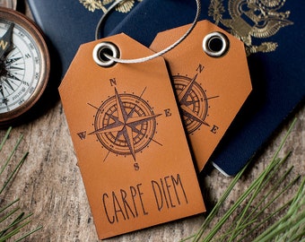 Custom Luggage Tag, leather luggage tag | Carpe Diem with Compass