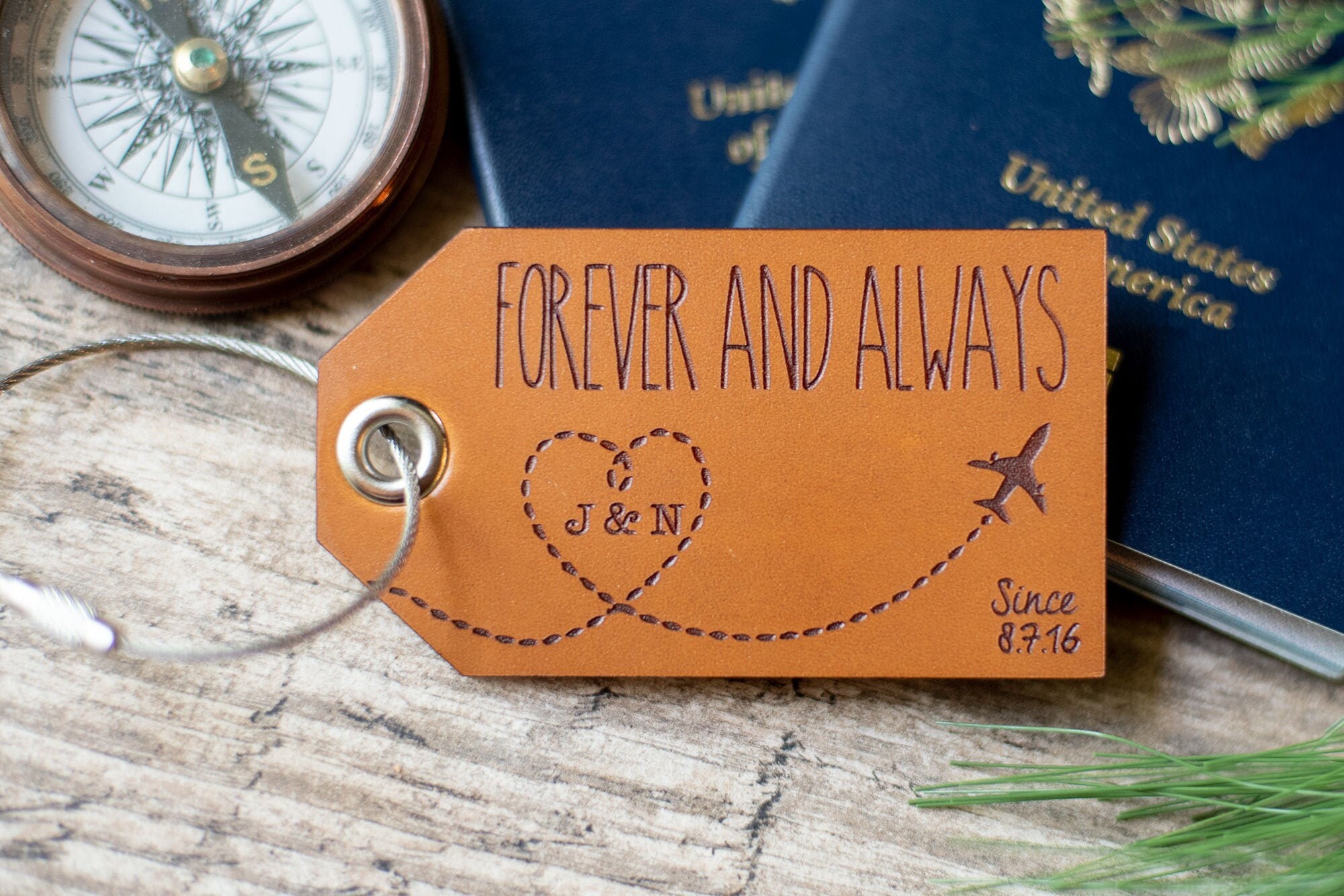 Custom Personalized Leather Luggage Tags | Forever & Always with Plane