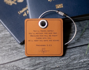 Custom Bible Verse Leather Luggage Tag: Personalized Scripture Travel Gift