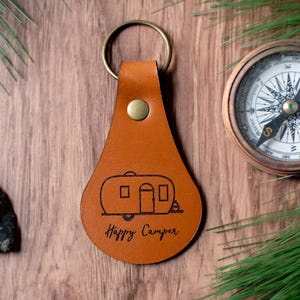 Happy Camper Keychain, Camper Keychain, Custom Leather Keychain | Happy Camper