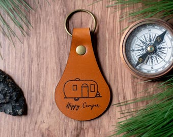Happy Camper Keychain, Camper Keychain, Custom Leather Keychain | Happy Camper
