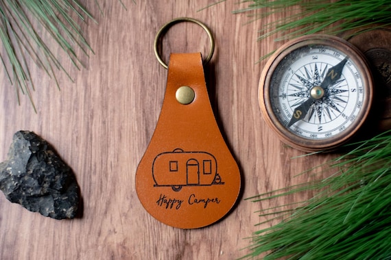 Happy Camper Keychain, Camper Keychain, Custom Leather Keychain | Happy Camper