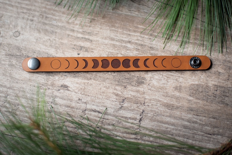 Personalized Leather Bracelet Moon Phase Bracelet image 1