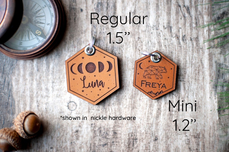 Leather Dog ID Tag Quiet Dog ID Hexagon Tag With Mountains Etsy