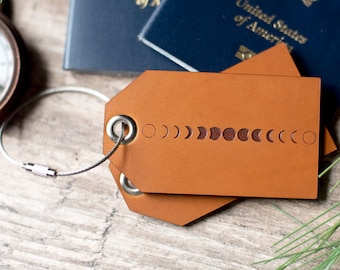 Leather Luggage Tag Personalized | Moon Phase Luggage Tag