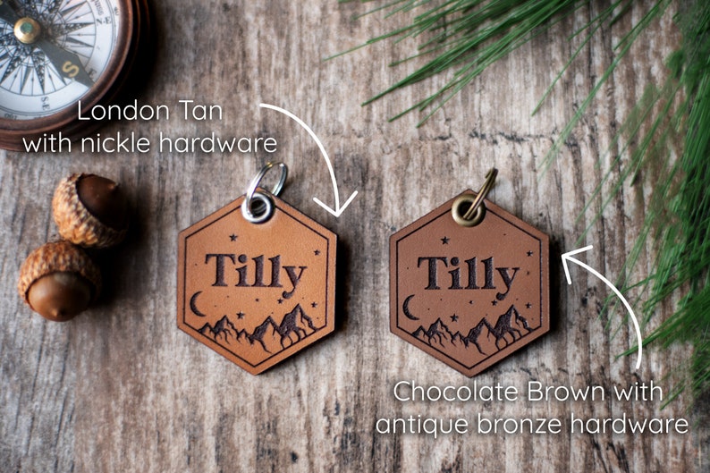Leather Dog ID Tag Quiet Dog ID Hexagon Tag With Mountains Etsy