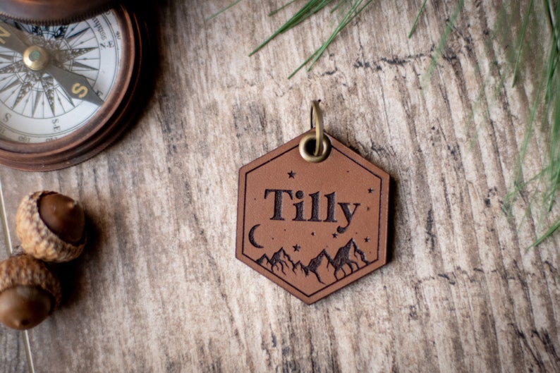 Leather Dog ID Tag Quiet Dog ID Hexagon Tag With Mountains Etsy