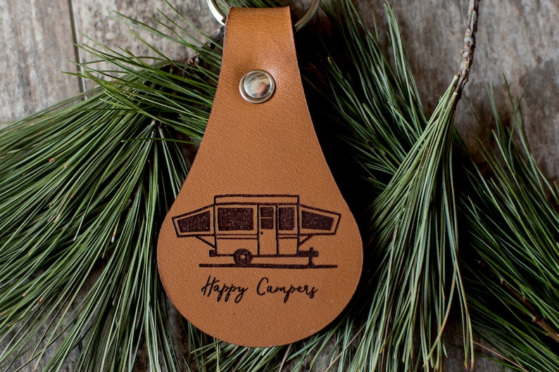 Pop up Camper Keychain, Camping Leather Key Fob Keychain, Personalized Happy Campers Keychain, Pop Up Camper image 2