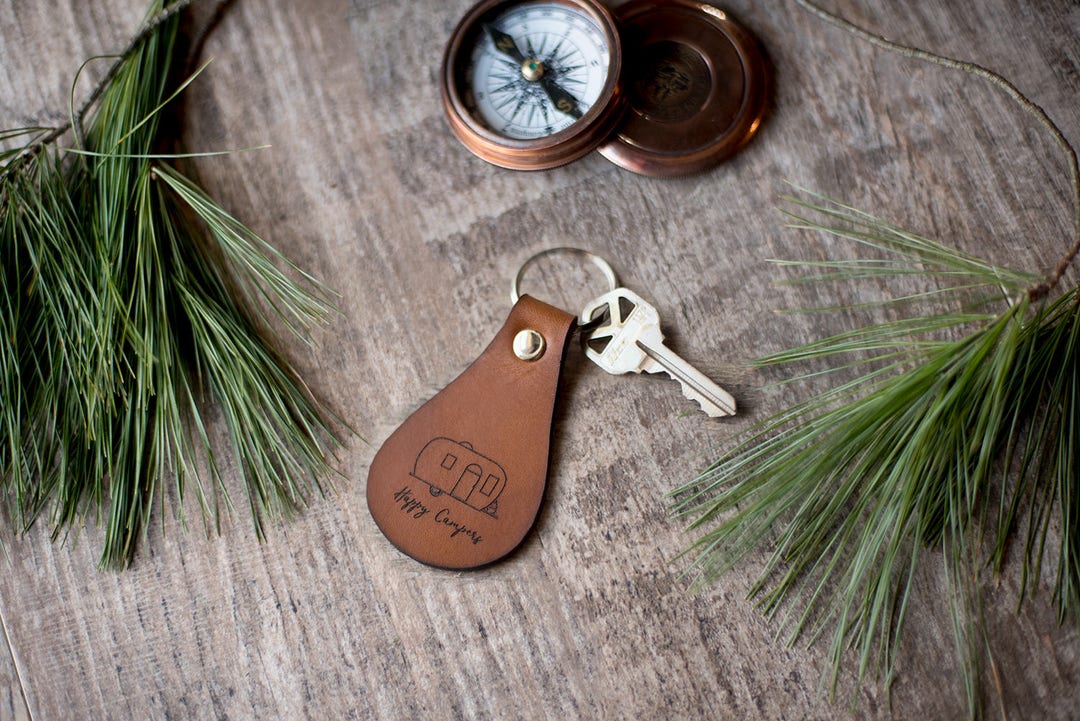 Happy Camper Keychain, Camper Keychain, Custom Leather Keychain Happy ...