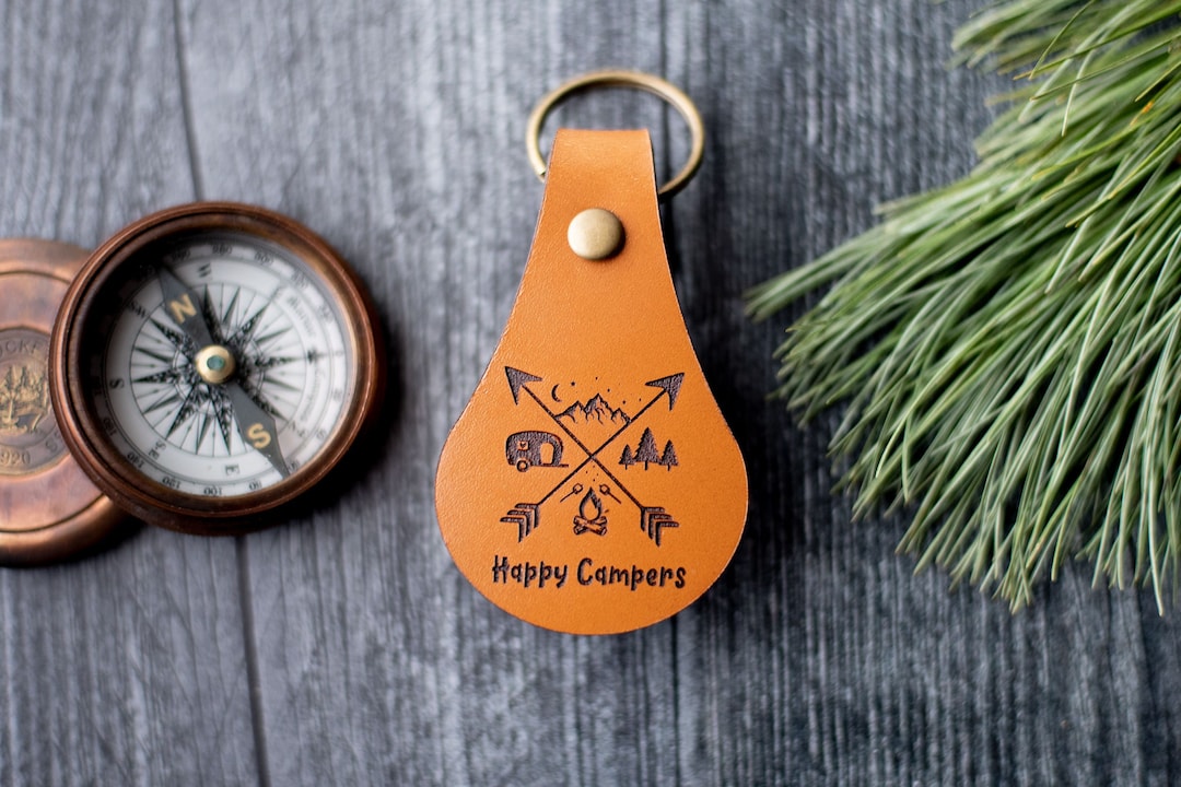 Happy Camper Keychain, Camping Leather Key Fob Keychain, Personalized ...