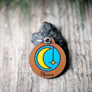 Leather Dog Tag, Quiet Dog ID | Hand Painted Leather Tag Planet, Moon with Star