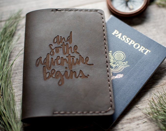 Personalized Leather Passport Wallet, Leather Passport Holder, Monogram Passport Cover | And so the adventure Begins