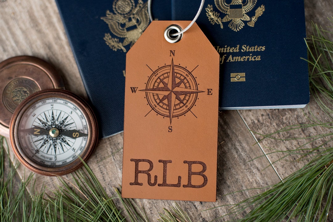 Custom Personalized Leather Luggage Tag | Compass With Initials - Etsy