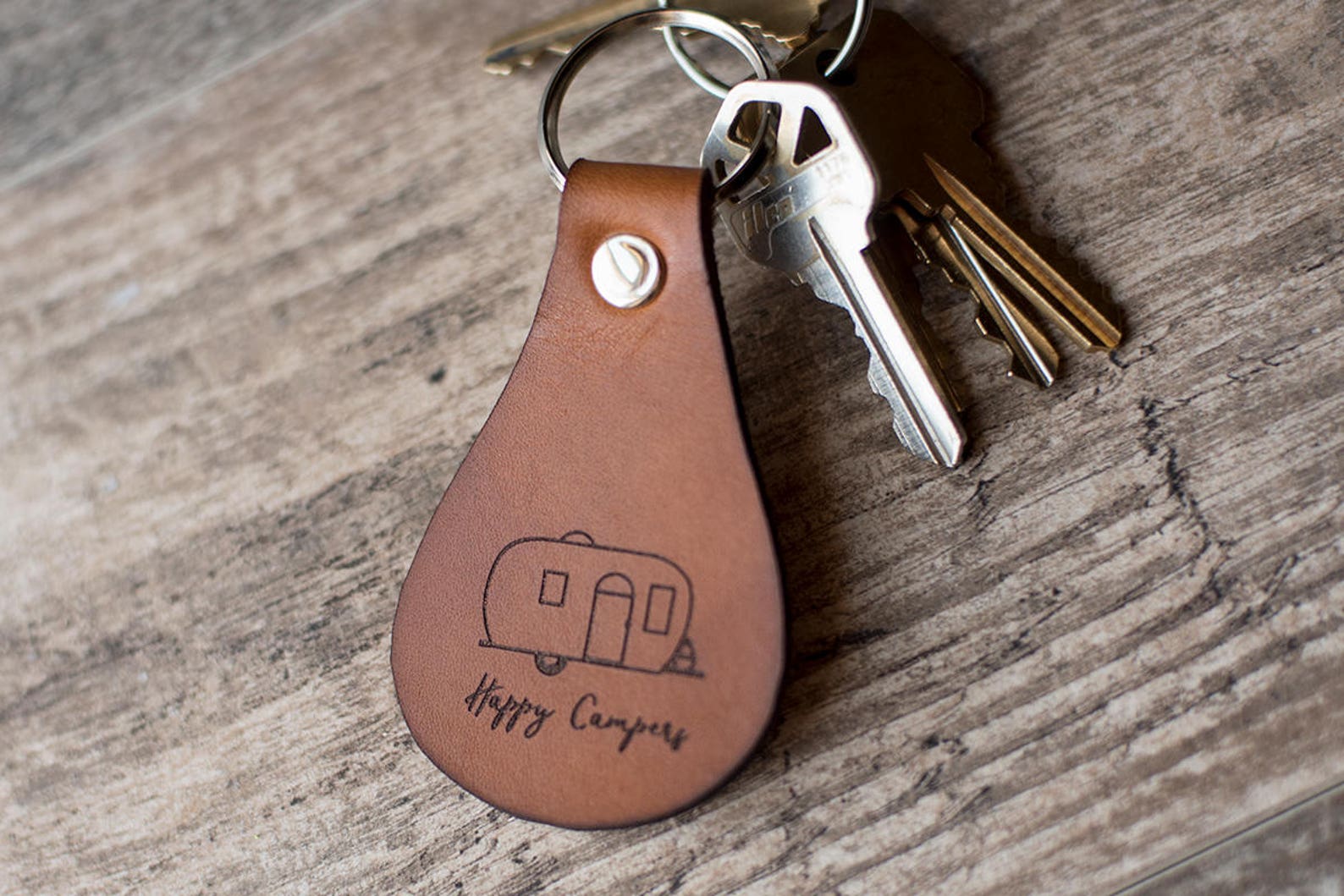 Happy Camper Keychain Camper Keychain Custom Leather Etsy