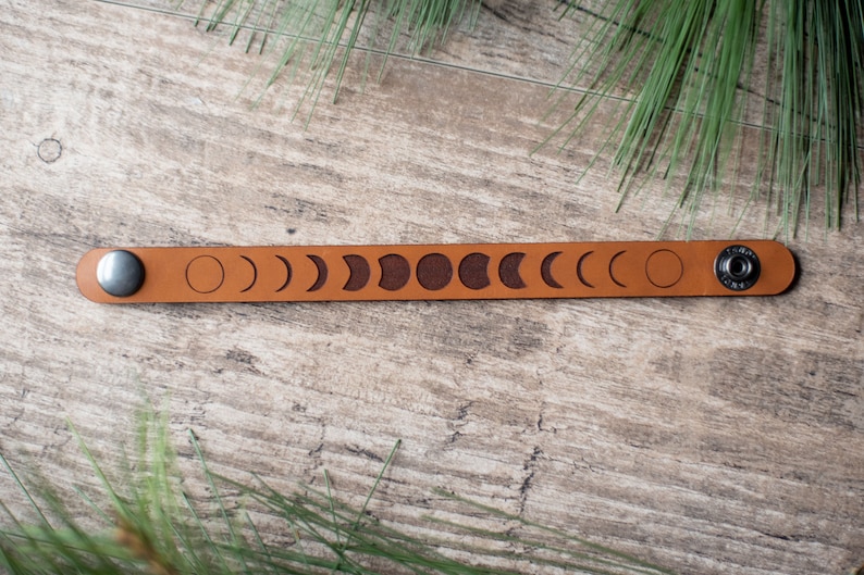 Personalized Leather Bracelet Moon Phase Bracelet image 3